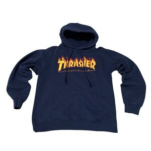 Thrasher Magazine Men's Graphic Fire‎ Flame Logo Hoodie Navy Size Small
